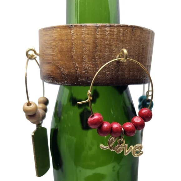 Rustic Wooden Wine Glass Charms Set Of 4 With Beaded Rings & Inspirational Tags - Picture 3 of 14